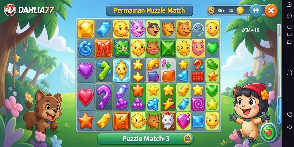 Screenshot utama DAHLIA77 menunjukkan antarmuka permainan Puzzle Match-3 yang menarik.