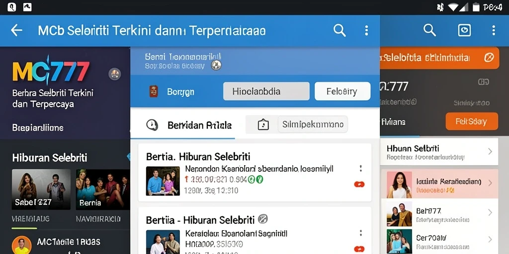 Antarmuka aplikasi MC777 yang menampilkan berita selebriti terbaru.
