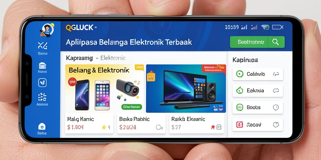 Antarmuka QGLUCK menampilkan berbagai pilihan produk elektronik yang menarik.