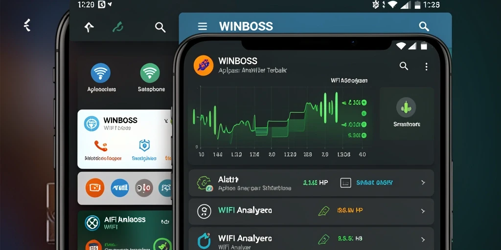 Antarmuka aplikasi WINBOSS yang menampilkan analisis jaringan WiFi.